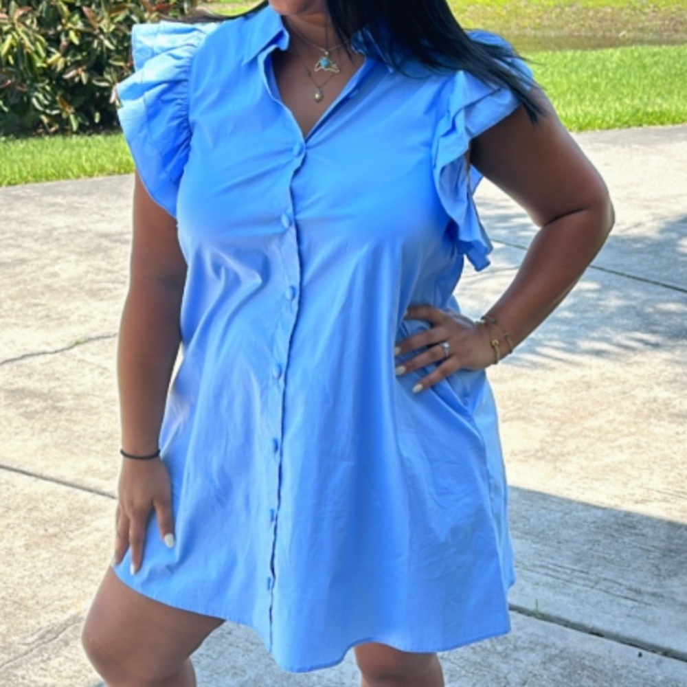 Crown & Ivy Light Blue Ruffle Sleeve Mini Dress